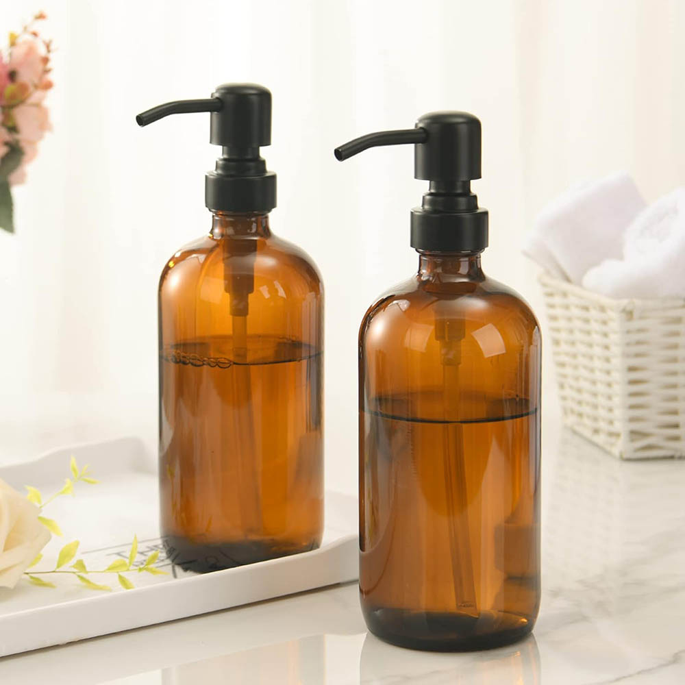 Soap Dispenser Pump - Amber Glass Soap Dispenser with Black