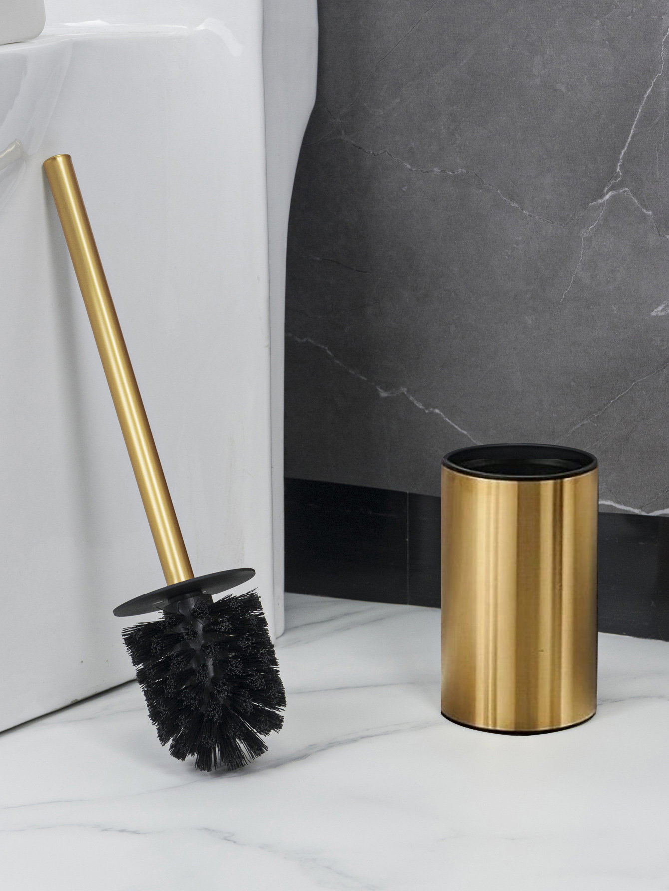 Home Bathroom Cleaner - Golden round stainless steel toilet brush,